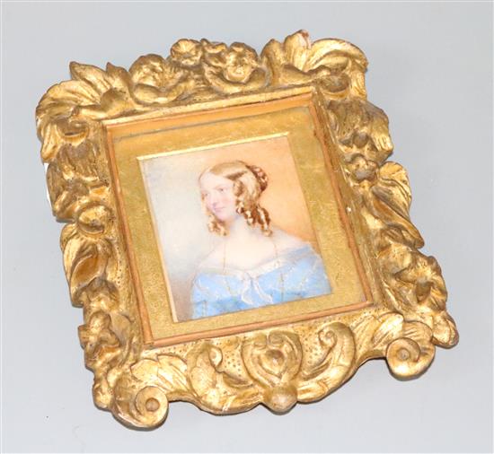 Early 19th century English School, miniature oil on ivory, Portrait of Mrs Vatcher, 3 x 2.5in., in carved giltwood frame